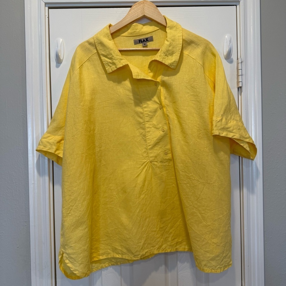 FLAX Linen Blouse Women’s Med Oversized Yellow Boxy Lagenlook Collared Colorful